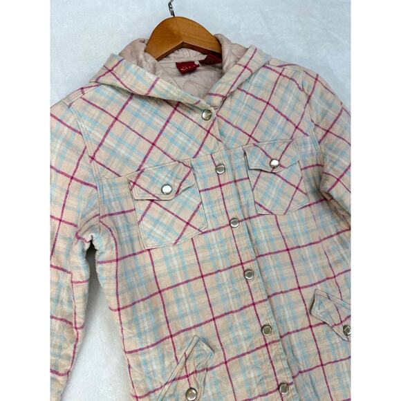 Quilted Plaid Shacket Jacket Womens Medium Pearl Snaps Western Hooded Peach‎ - Picture 7 of 14